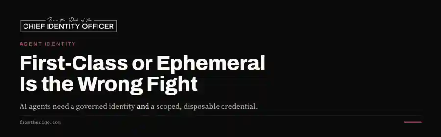 Near-black CIdO card, same headline as the light hero — 'First-Class or Ephemeral Is the Wrong Fight' — in off-white, with a soft-oxblood 'Agent Identity' eyebrow and a white Chief Identity Officer masthead. fromthecido.com in the footer.